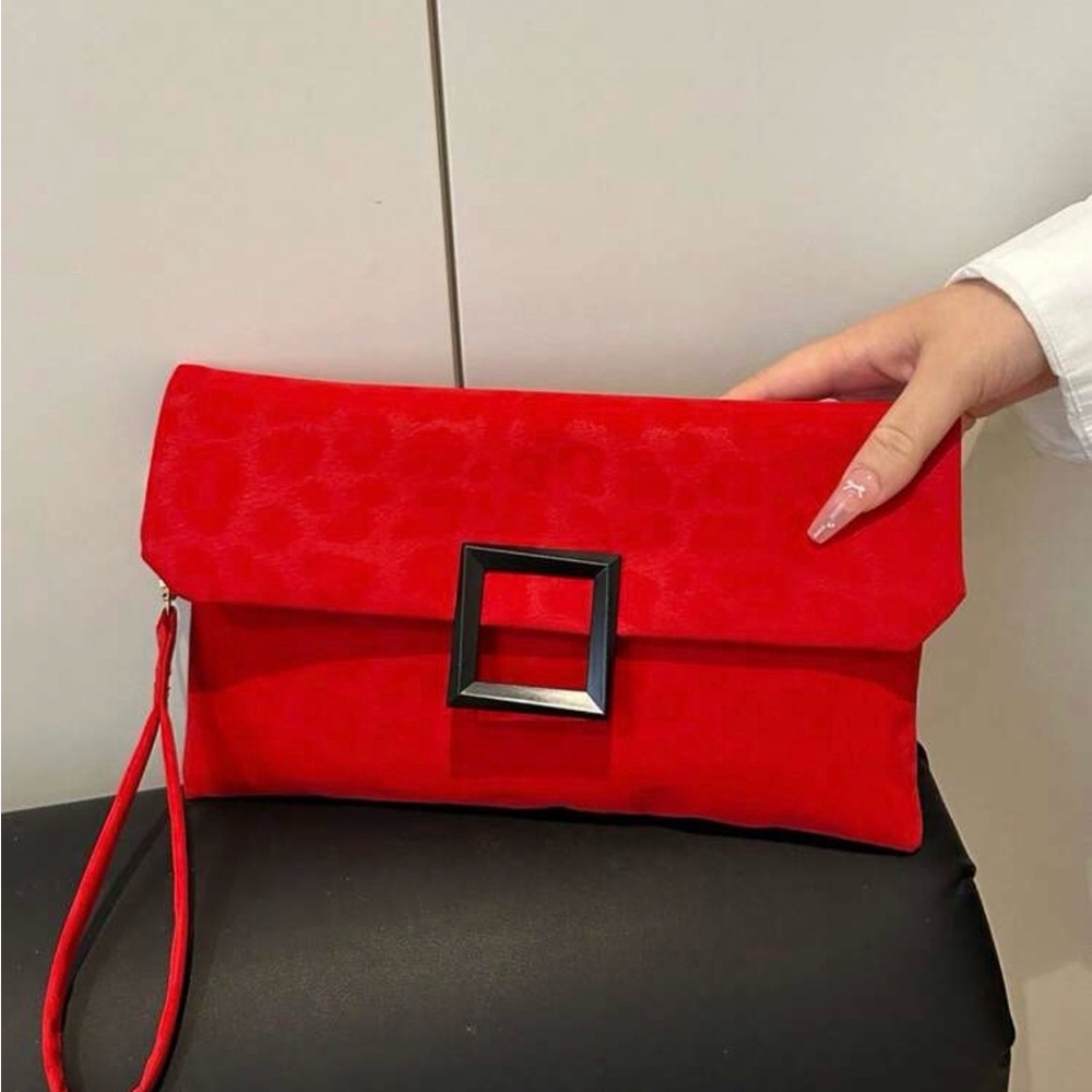 Red Envelope Wristlet Clutch with Square Buckle Accent